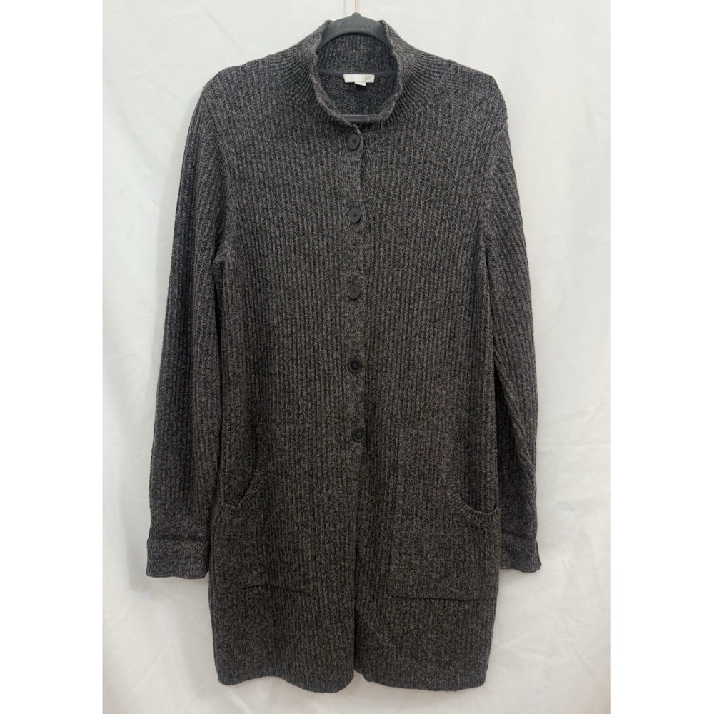 J. Jill Long Line Cardigan Sweater Jacket Sz M Charcoal Gray Button Up Pockets